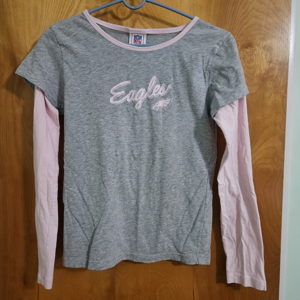 NFL Eagles Girls Gray and Pink Long Sleeve Tee